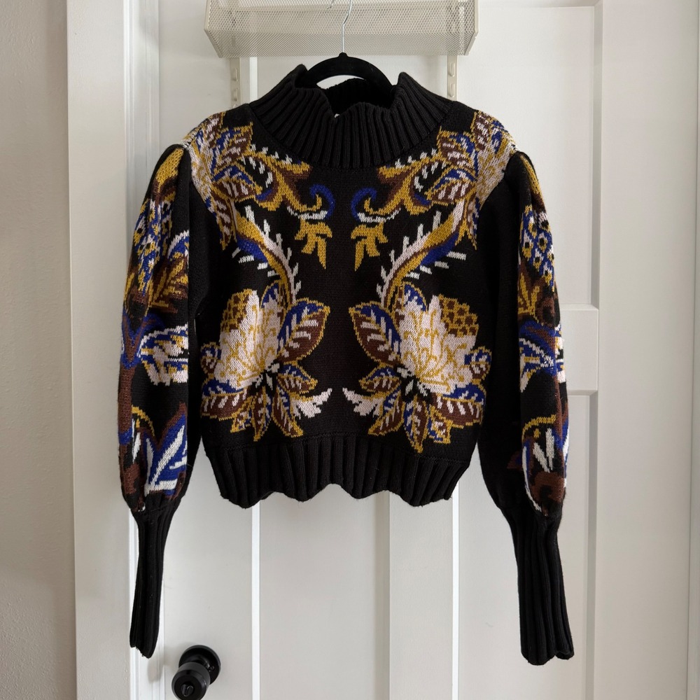 Farm Rio Arabesque Paradise Knit Sweater Floral Balloon Sleeve S Boho maximalist